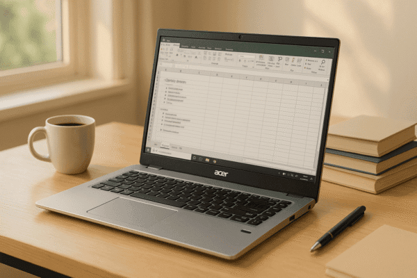 Notebook Acer Aspire 5 aberto em uma mesa de trabalho, destacando a tela nítida e o design fino para estudantes e profissionais.