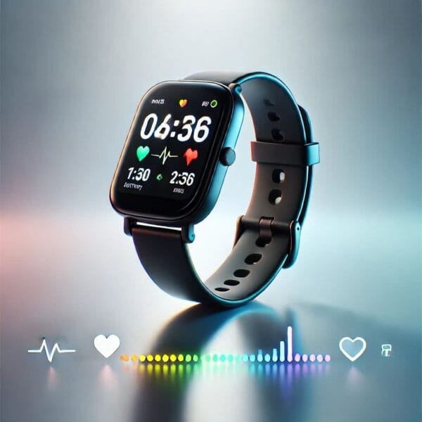 Smartwatch Amazfit Bip U preto com tela colorida exibindo dados de saúde e batimentos cardíacos.