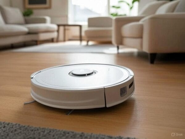 Aspirador Robô Xiaomi limpando sala de estar, ilustrando o teste de 30 dias de uso real para saber se vale a pena comprar.