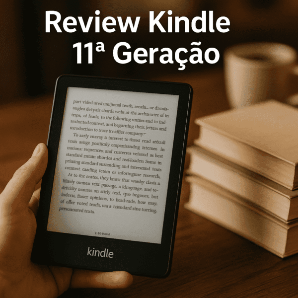 Kindle 11ª Geração sendo usado para leitura em ambiente aconchegante, comparando o e-reader com livros físicos ao fundo.