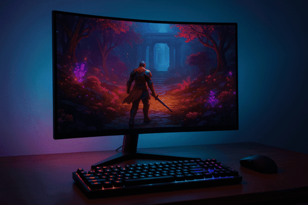 Monitor Gamer curvo de alta performance com iluminação RGB traseira, exibindo jogo de ação fluida.