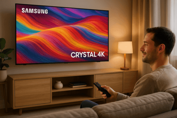 Smart TV Samsung Crystal 4K em uma sala moderna, destacando o design fino e a qualidade de imagem Ultra HD.