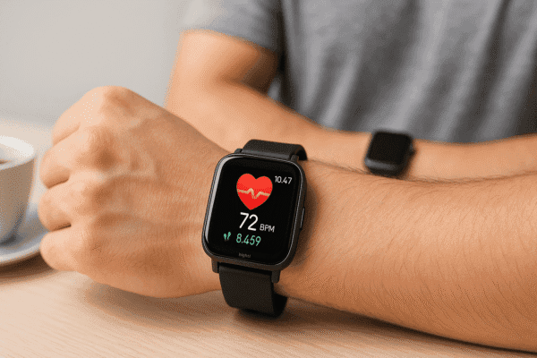 Smartwatch Haylou com tela colorida no pulso, comparando o design e funções com relógios inteligentes premium.