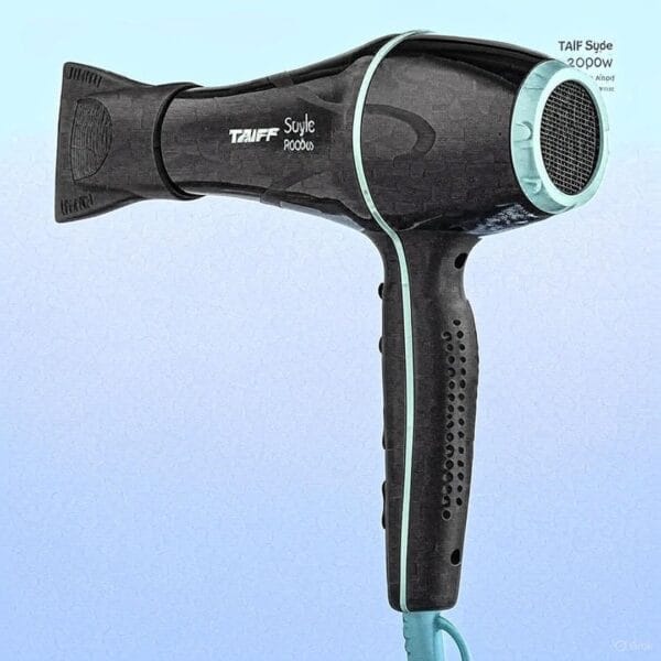 Secador de cabelo Taiff Style 2000W sendo usado em salão, mostrando o jato de ar e o resultado profissional.