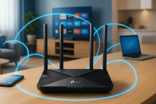 Roteador TP-Link Archer AX1800 Wi-Fi 6 com quatro antenas em destaque, mostrando alta tecnologia de conexão residencial.
