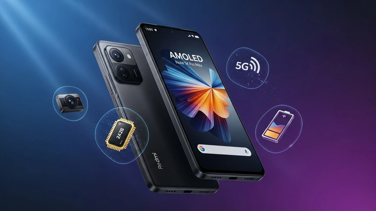 Xiaomi Redmi Note 14 Pro Max com tela AMOLED 120Hz e câmera de 200MP em fundo tecnológico moderno