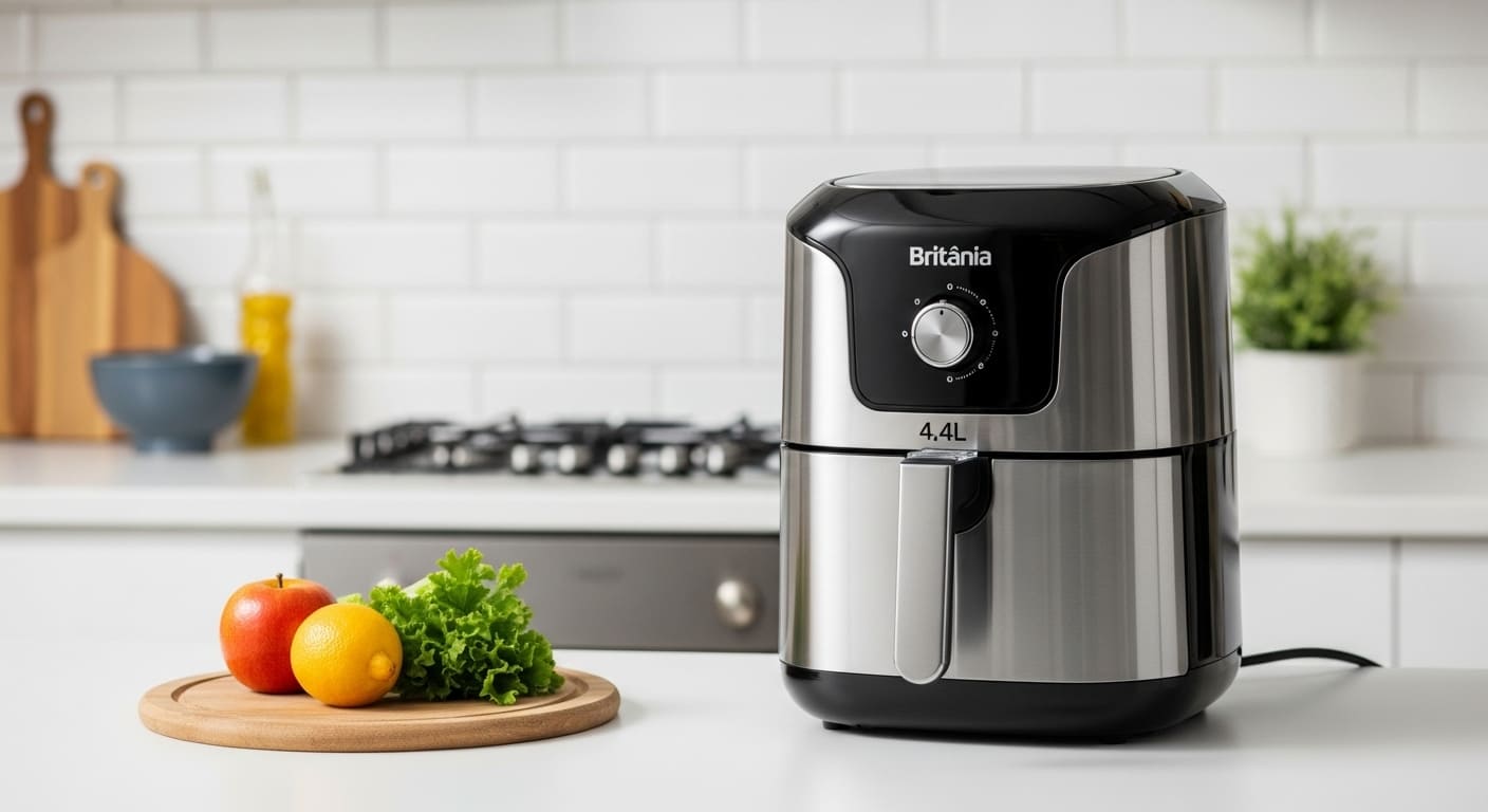 AirFryer Britânia 4,4L Inox em destaque, mostrando o que muda na rotina e a popularidade do modelo com acabamento premium.