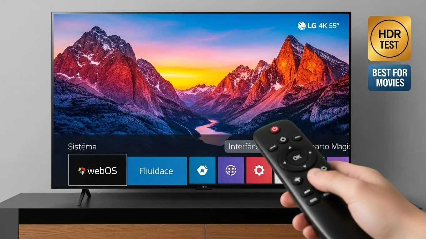 Smart TV LG 4K com sistema webOS ativo e controle Smart Magic em destaque sobre a mesa.