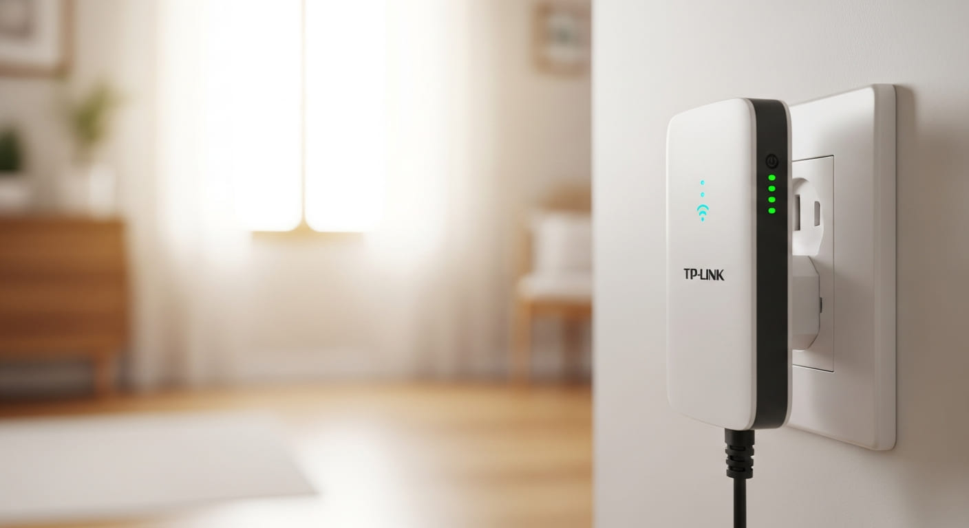Repetidor TP-Link em uso, mostrando como acabar com os pontos sem Wi-Fi e melhorar o sinal de internet em casa.