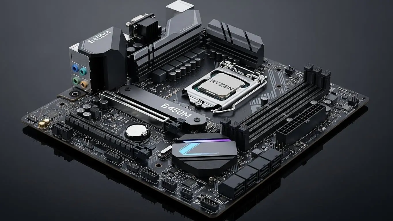 Placa mãe B450M em detalhe para montagem de um PC gamer eficiente e com bom custo-benefício.