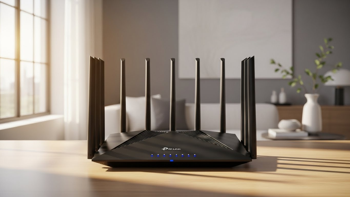Roteador TP-Link com ícones de erro, destacando os 7 erros comuns de configuração que levam à internet lenta e instável.