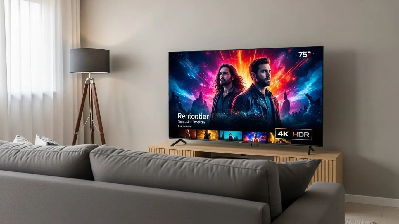 Smart TV de 75 polegadas 4K HDR instalada em sala de cinema residencial moderna.