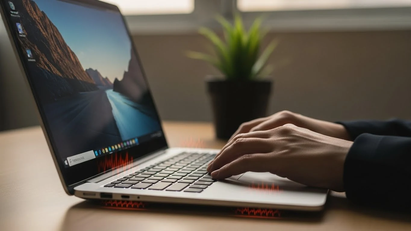 Notebook apresentando superaquecimento com gráfico de temperatura alta e saídas de ar obstruídas.