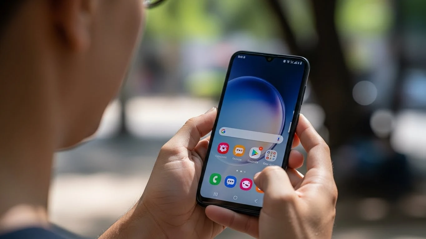 Smartphone Samsung Galaxy A04 preto sendo usado na mão, destacando a tela grande e o design ergonômico.