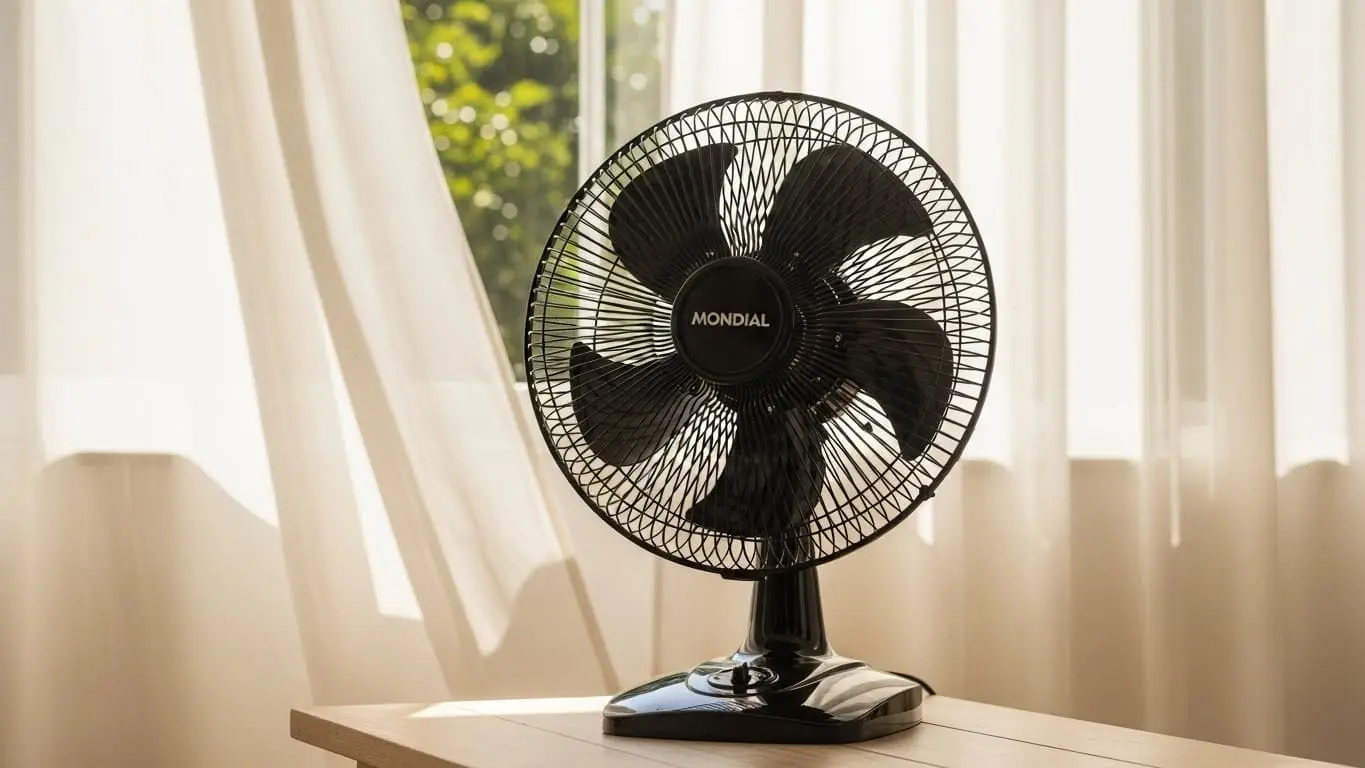 Ventilador Mondial Turbo Force de 8 pás em funcionamento, destacando o design da grade e potência do vento.