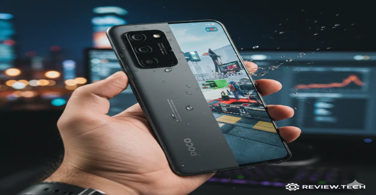 Mão segurando o smartphone Poco X7 Pro em um ambiente de setup gamer, mostrando gotas de água na traseira para testar a resistência IP68 e um jogo rodando na tela.