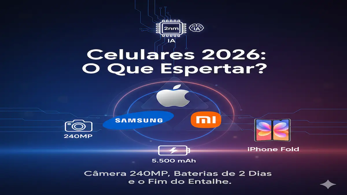 Gráfico comparativo dos smartphones de 2026 mostrando tendências de inteligência artificial em chips de 2nm e novos designs de celulares dobráveis.
